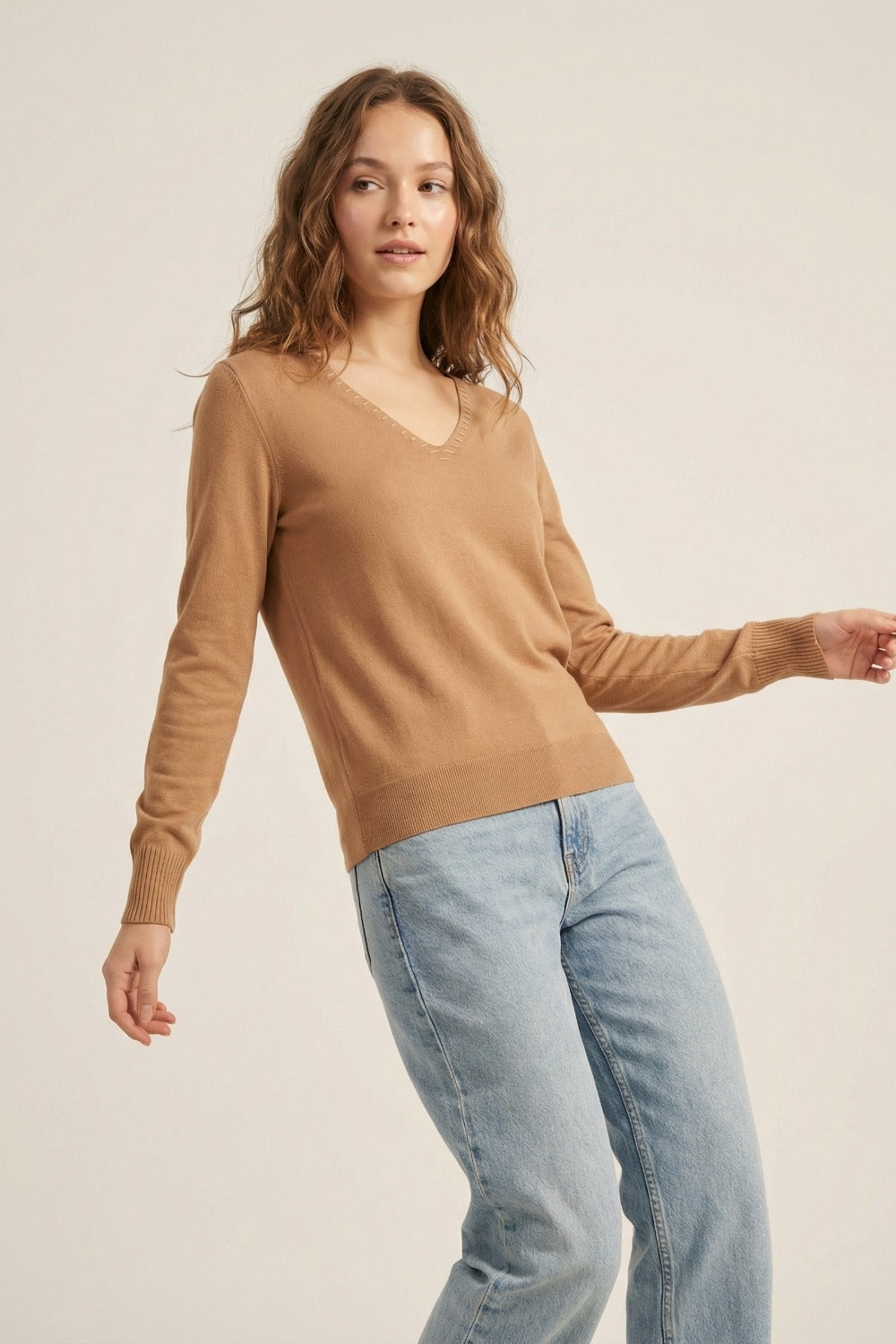 Fine Knit V-Neck Sweater with Decorative Neckline Detail in camel color