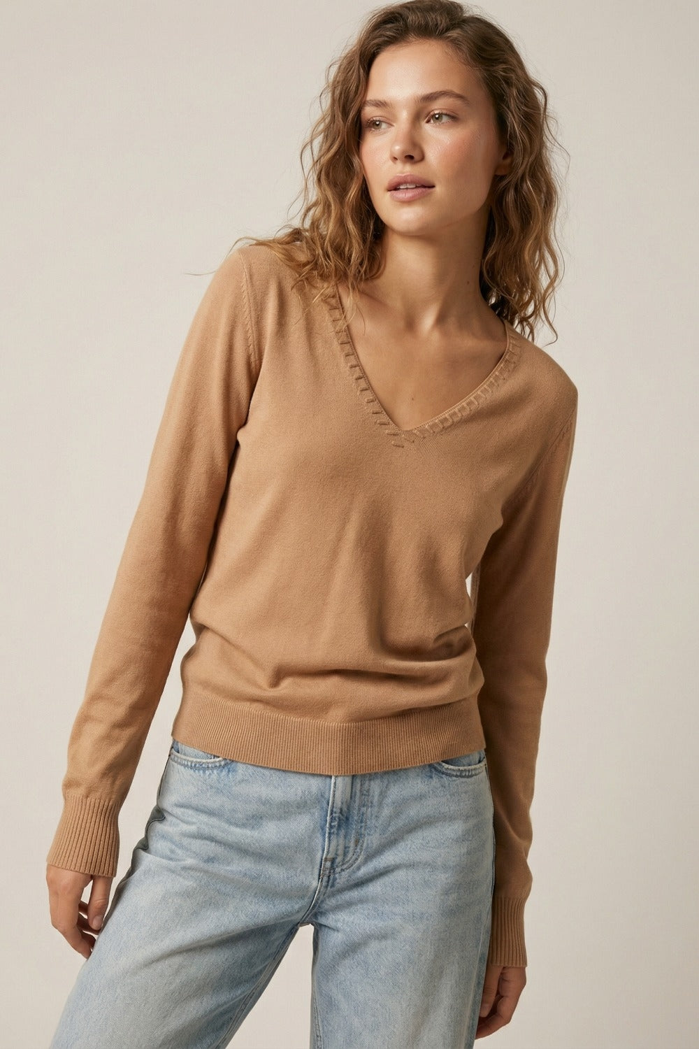 Fine Knit V-Neck Sweater with Decorative Neckline Detail in camel color