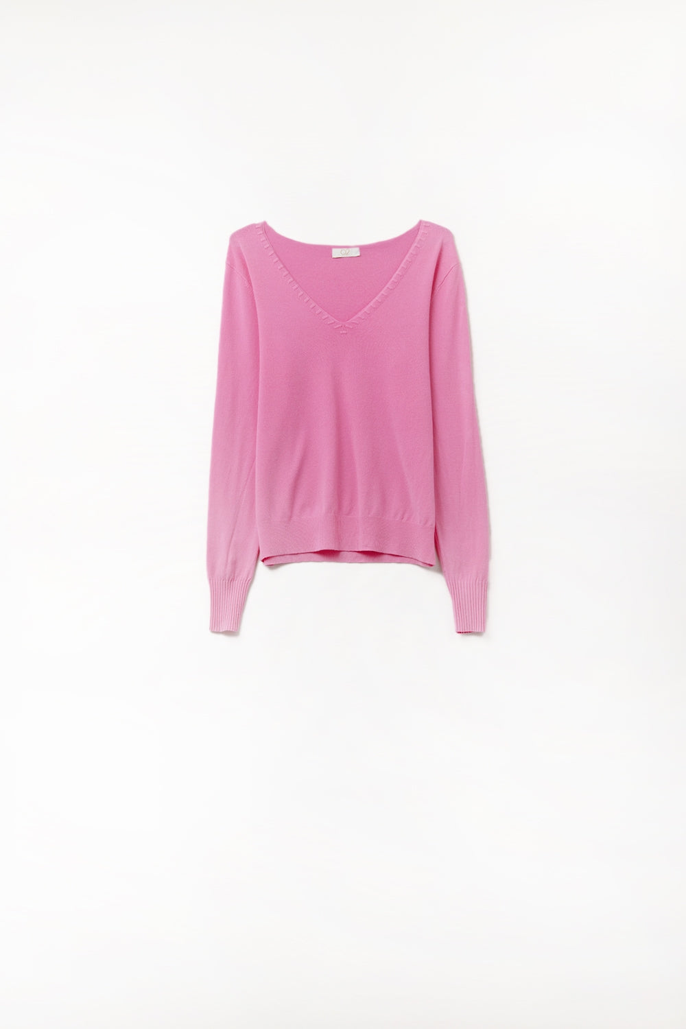 Q2 Fine Knit V-Neck Sweater with Decorative Neckline Detail in fuschia color
