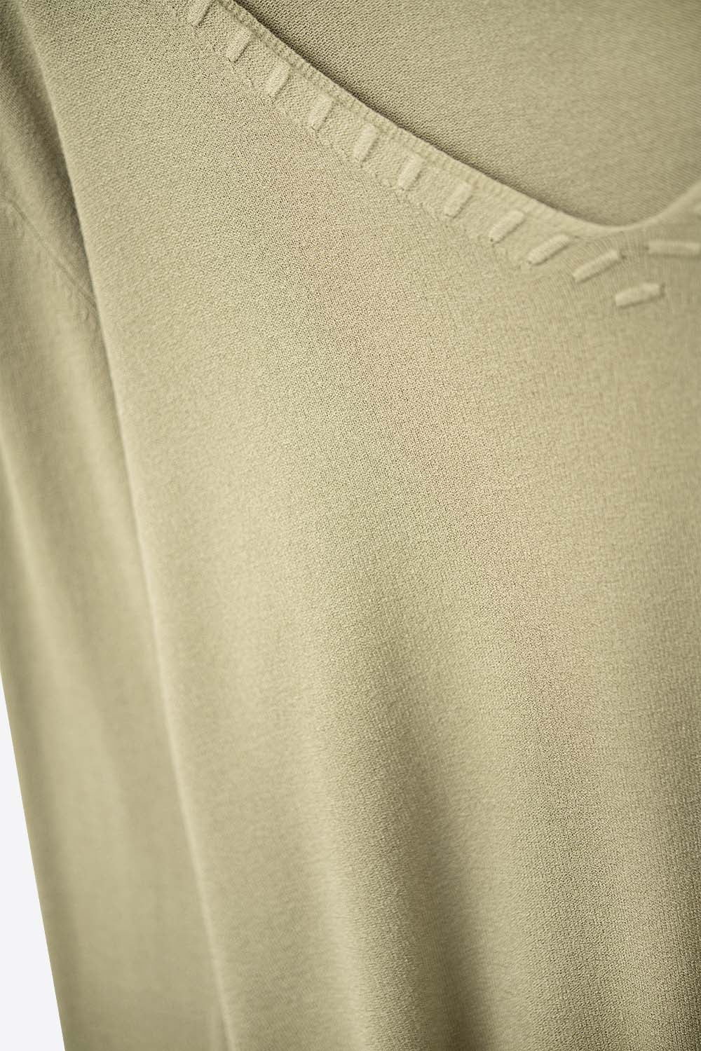 Fine Knit V-Neck Sweater with Decorative Neckline Detail in khaki color