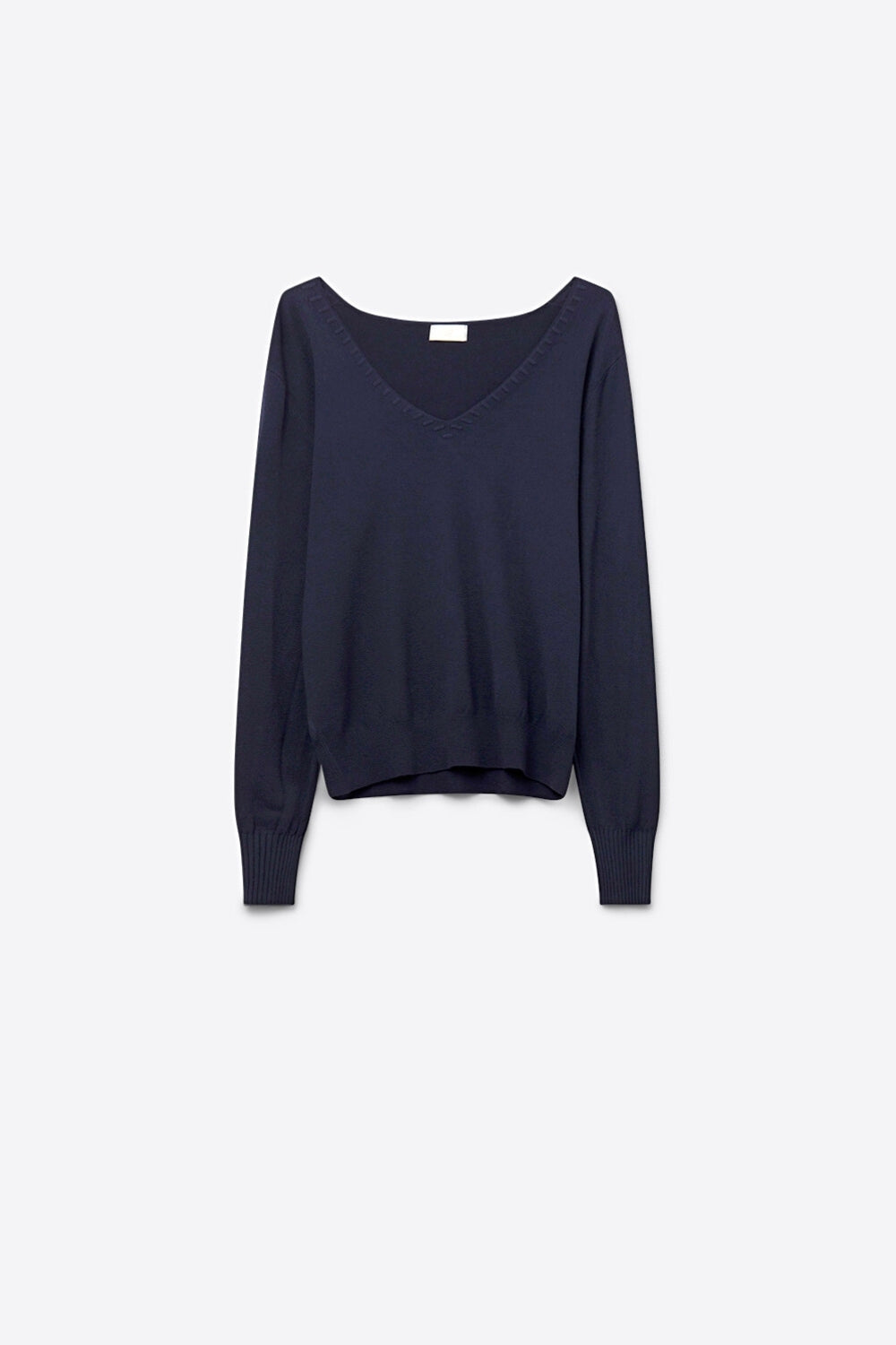 Q2 Fine Knit V-Neck Sweater with Decorative Neckline Detail in navy color