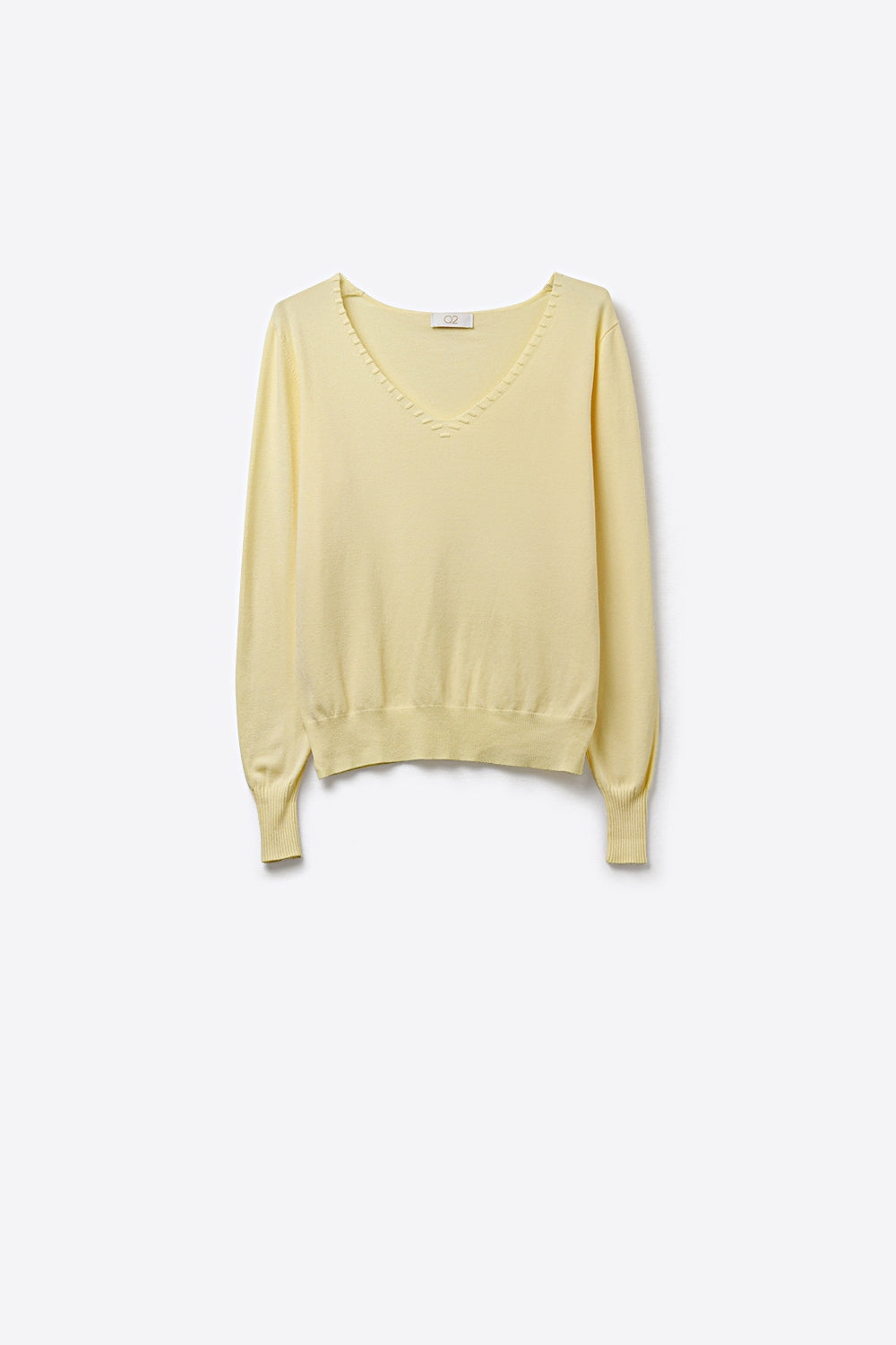 Q2 Fine Knit V-Neck Sweater with Decorative Neckline Detail in yellow color