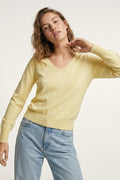 Fine Knit V-Neck Sweater with Decorative Neckline Detail in yellow color