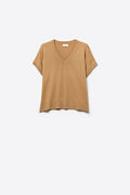 Q2 Fine Lightweight Knit Sweater with Wide V-Neck in camel