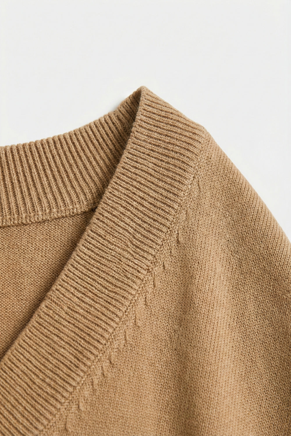 Fine Lightweight Knit Sweater with Wide V-Neck in camel