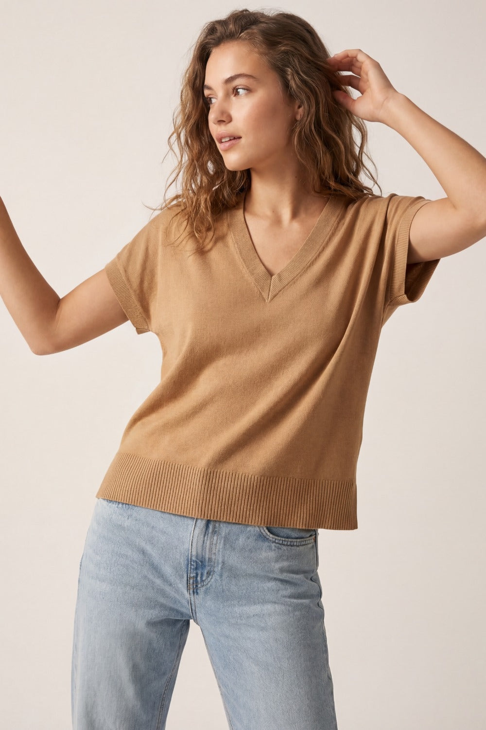 Fine Lightweight Knit Sweater with Wide V-Neck in camel
