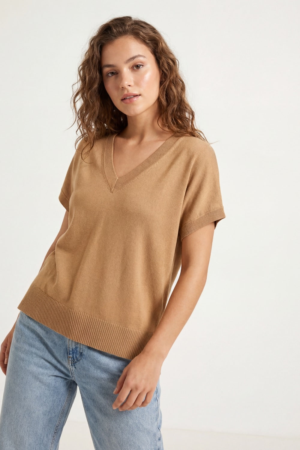 Fine Lightweight Knit Sweater with Wide V-Neck in camel