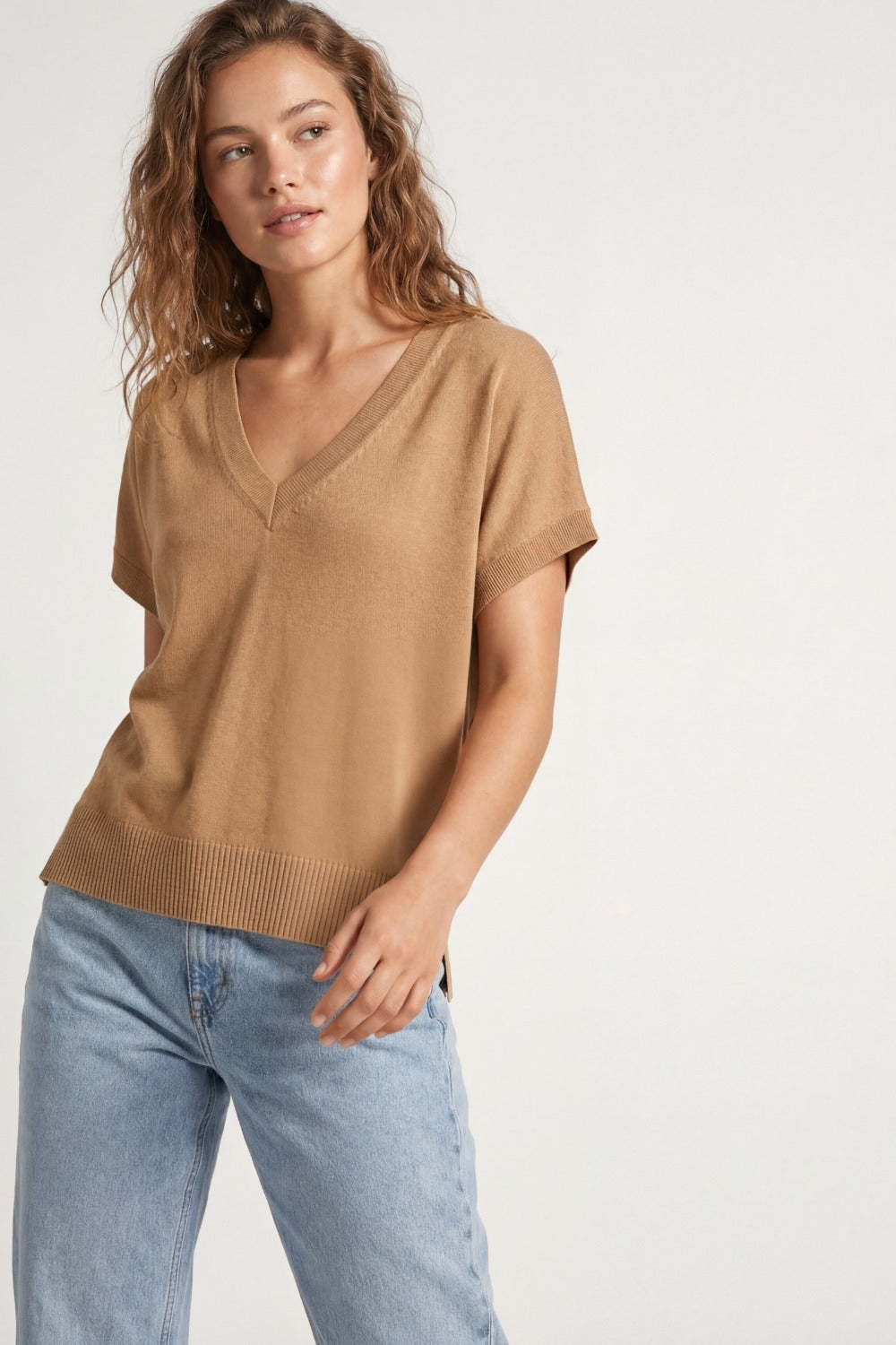 Fine Lightweight Knit Sweater with Wide V-Neck in camel