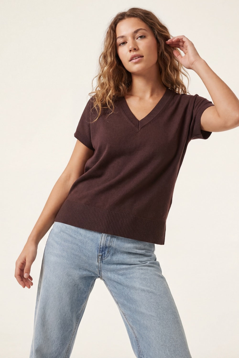 Fine Lightweight Knit Top with Wide V-Neck in brown