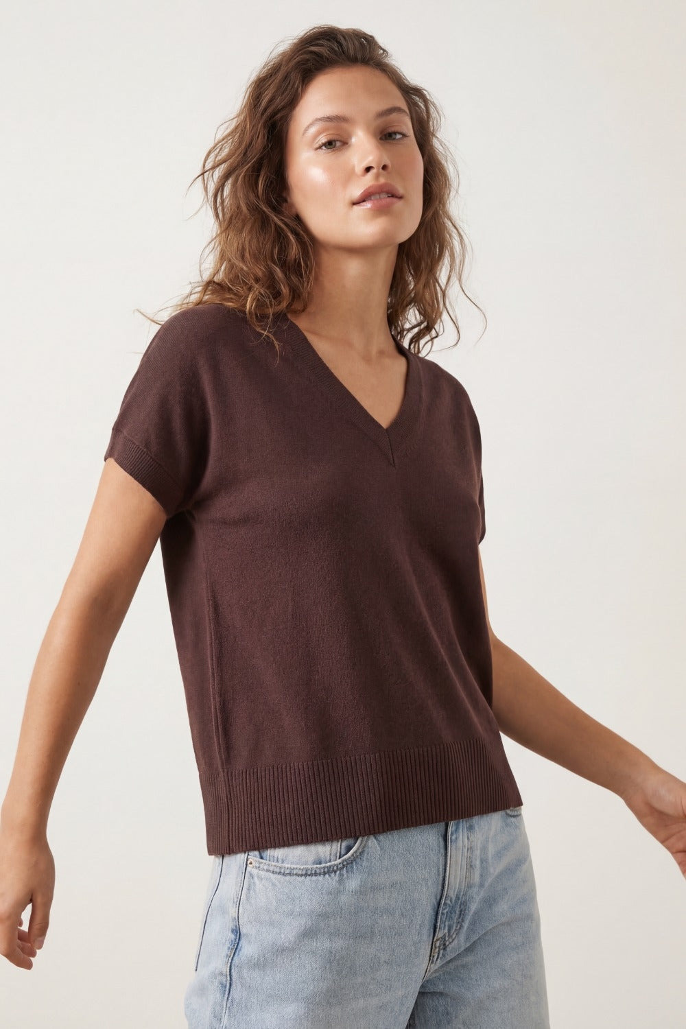 Fine Lightweight Knit Top with Wide V-Neck in brown