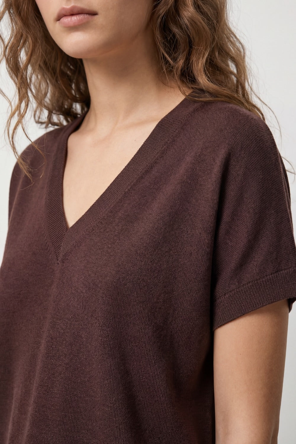 Fine Lightweight Knit Top with Wide V-Neck in brown