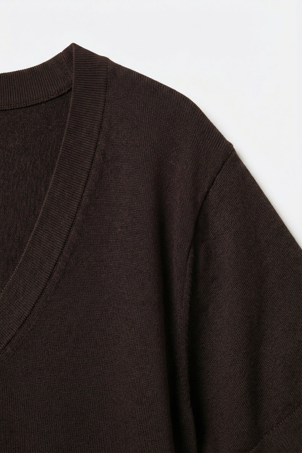 Fine Lightweight Knit Top with Wide V-Neck in brown