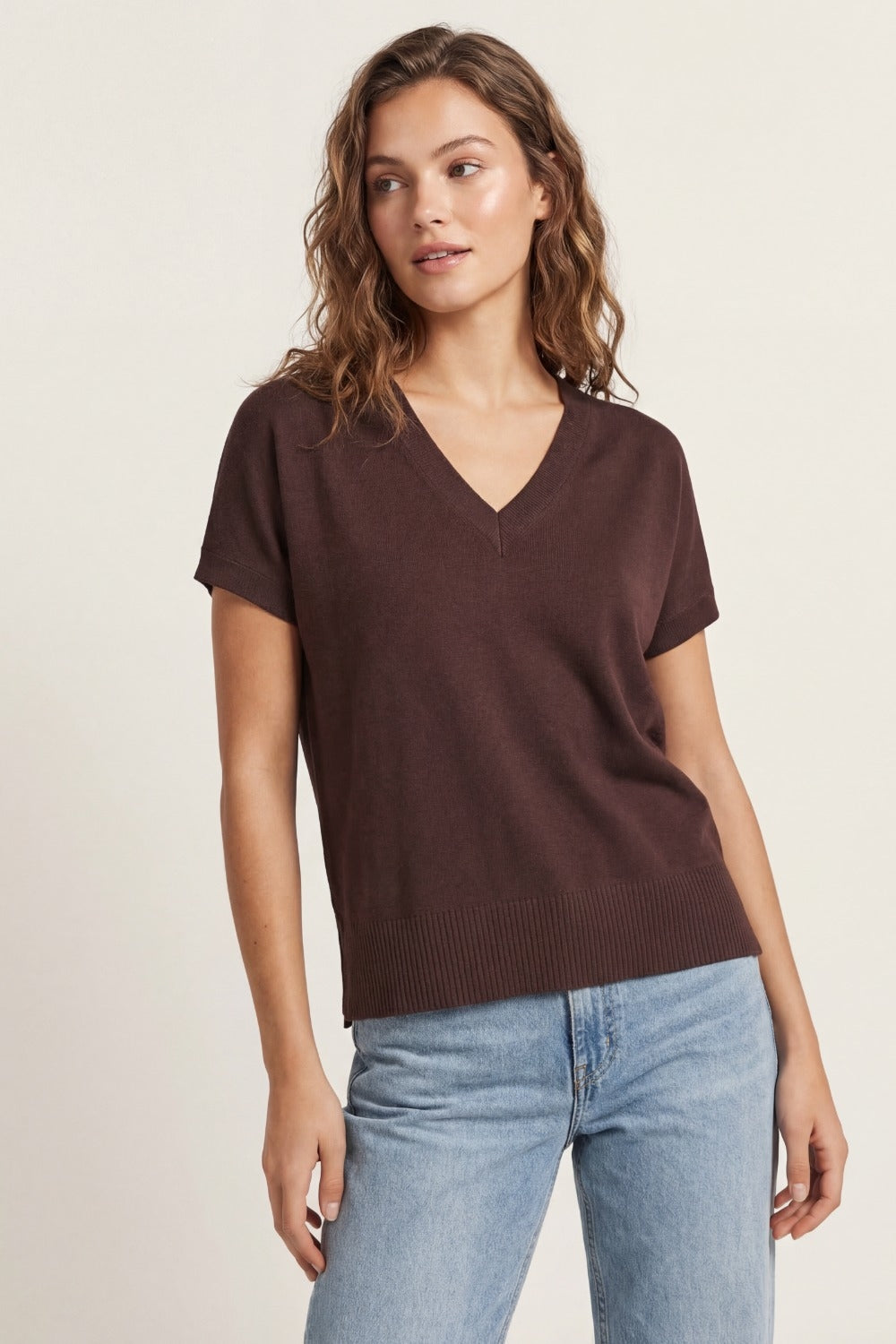 Fine Lightweight Knit Top with Wide V-Neck in brown