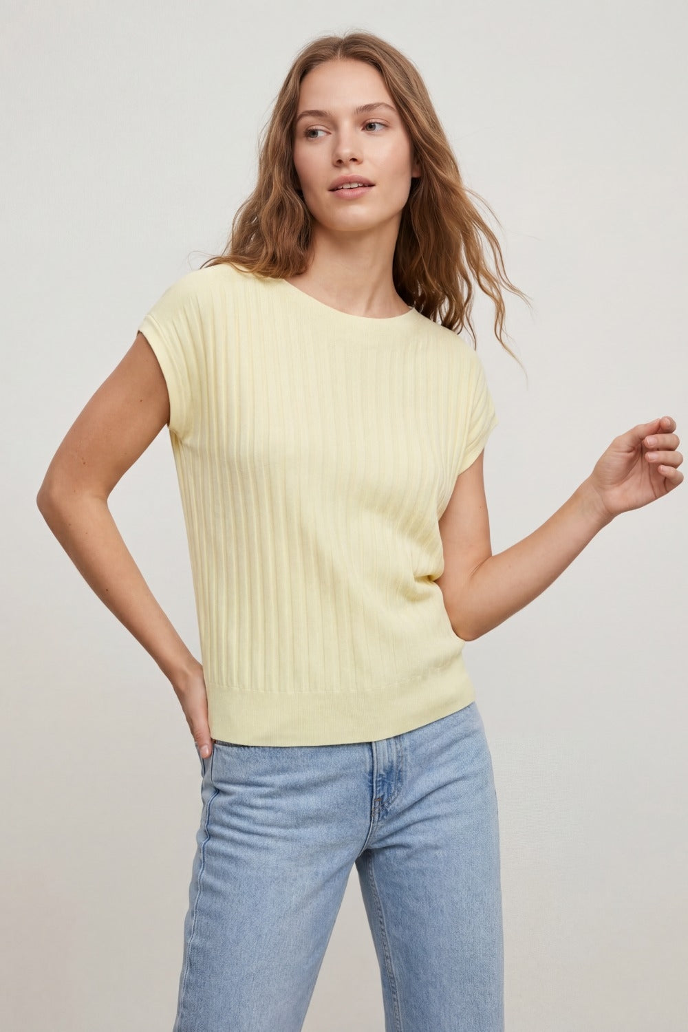 fine Rib knitted Sweater with boat neck in yellow color