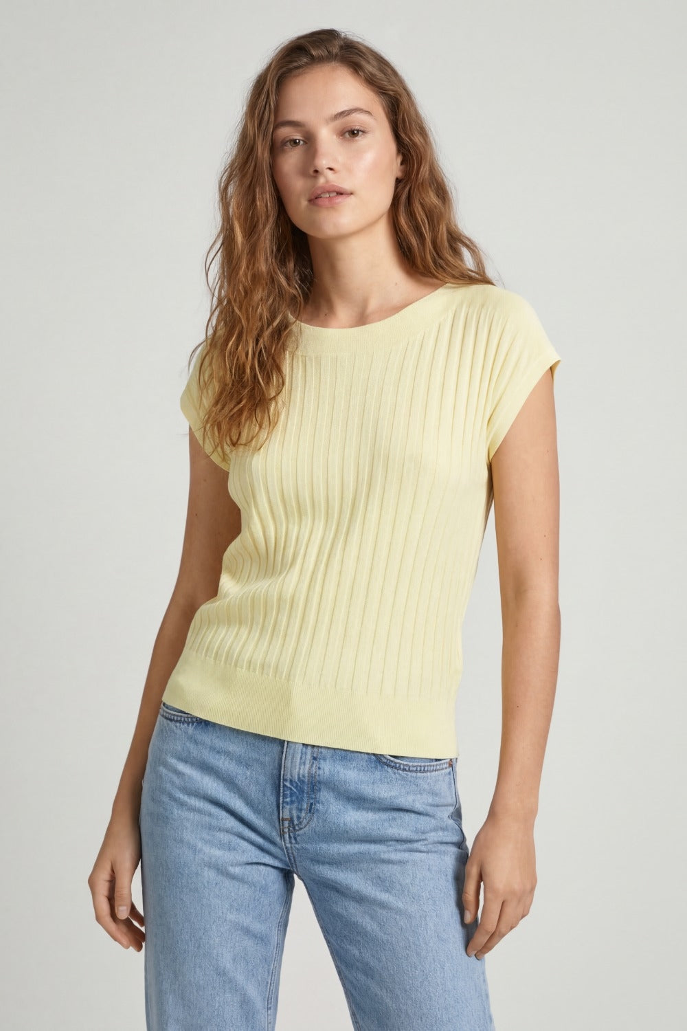 fine Rib knitted Sweater with boat neck in yellow color