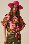 Q2 Floral Knot Top With Green Background in satin fabric