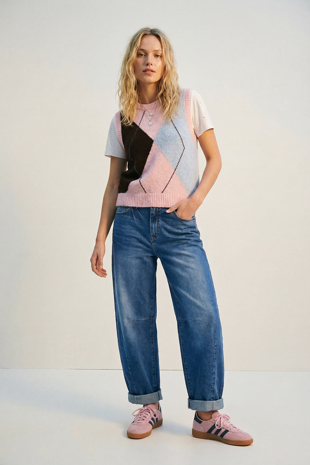 Fluffy Argyle Knit Vest with Metallic Stud Detail in pink