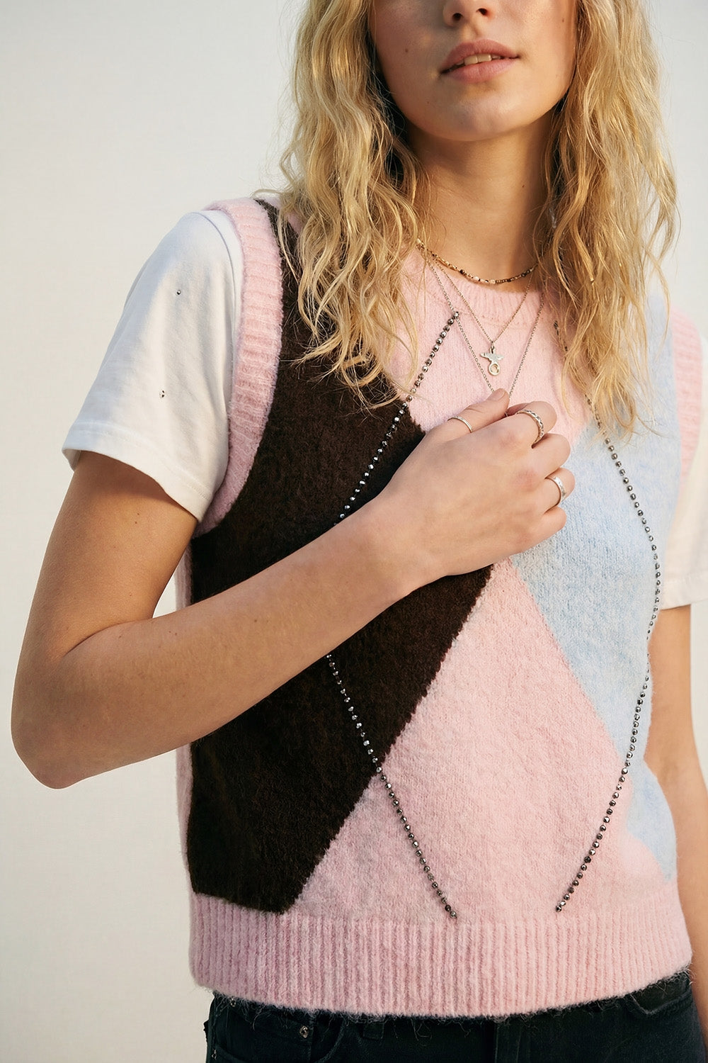 Fluffy Argyle Knit Vest with Metallic Stud Detail in pink