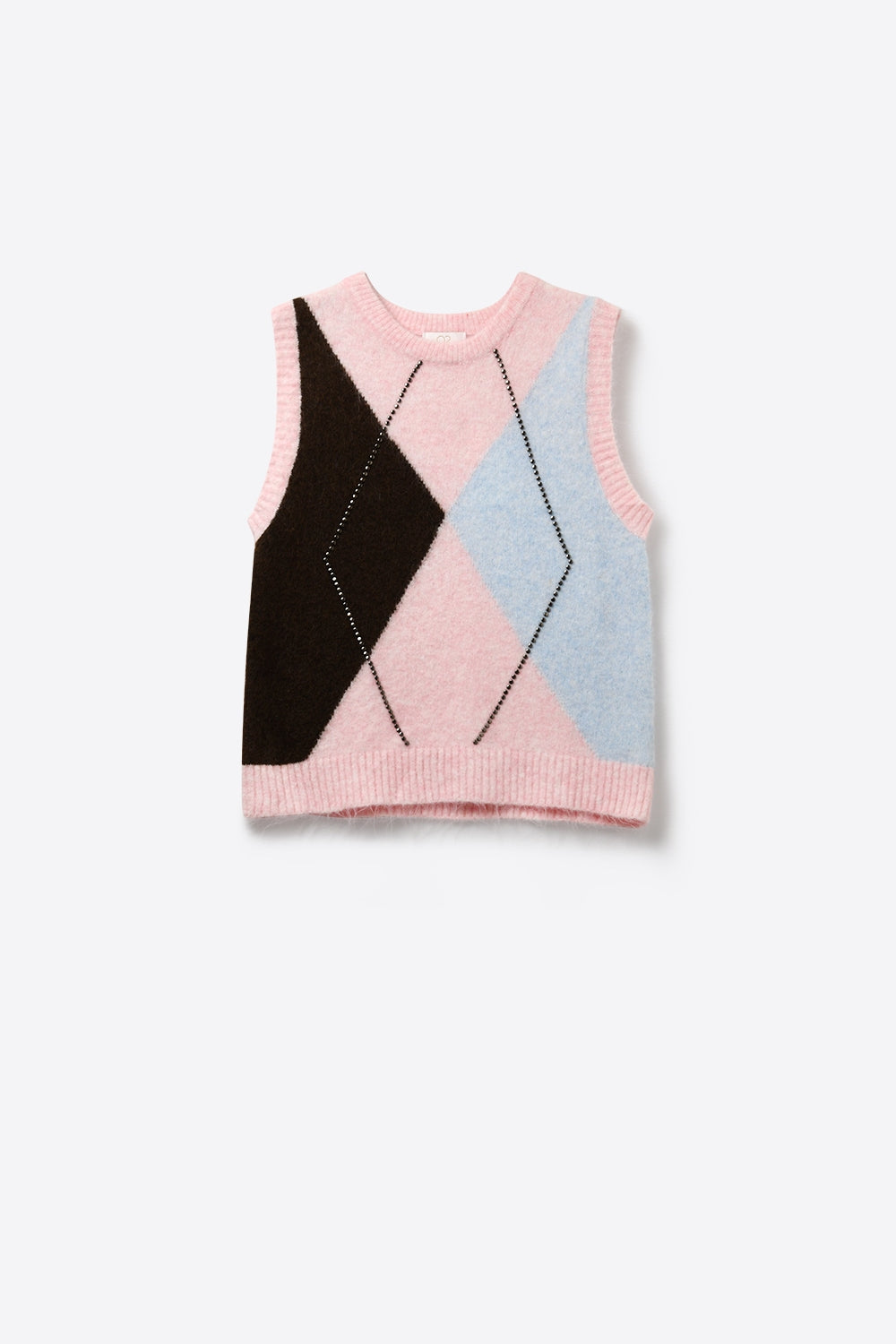Fluffy Argyle Knit Vest with Metallic Stud Detail in pink