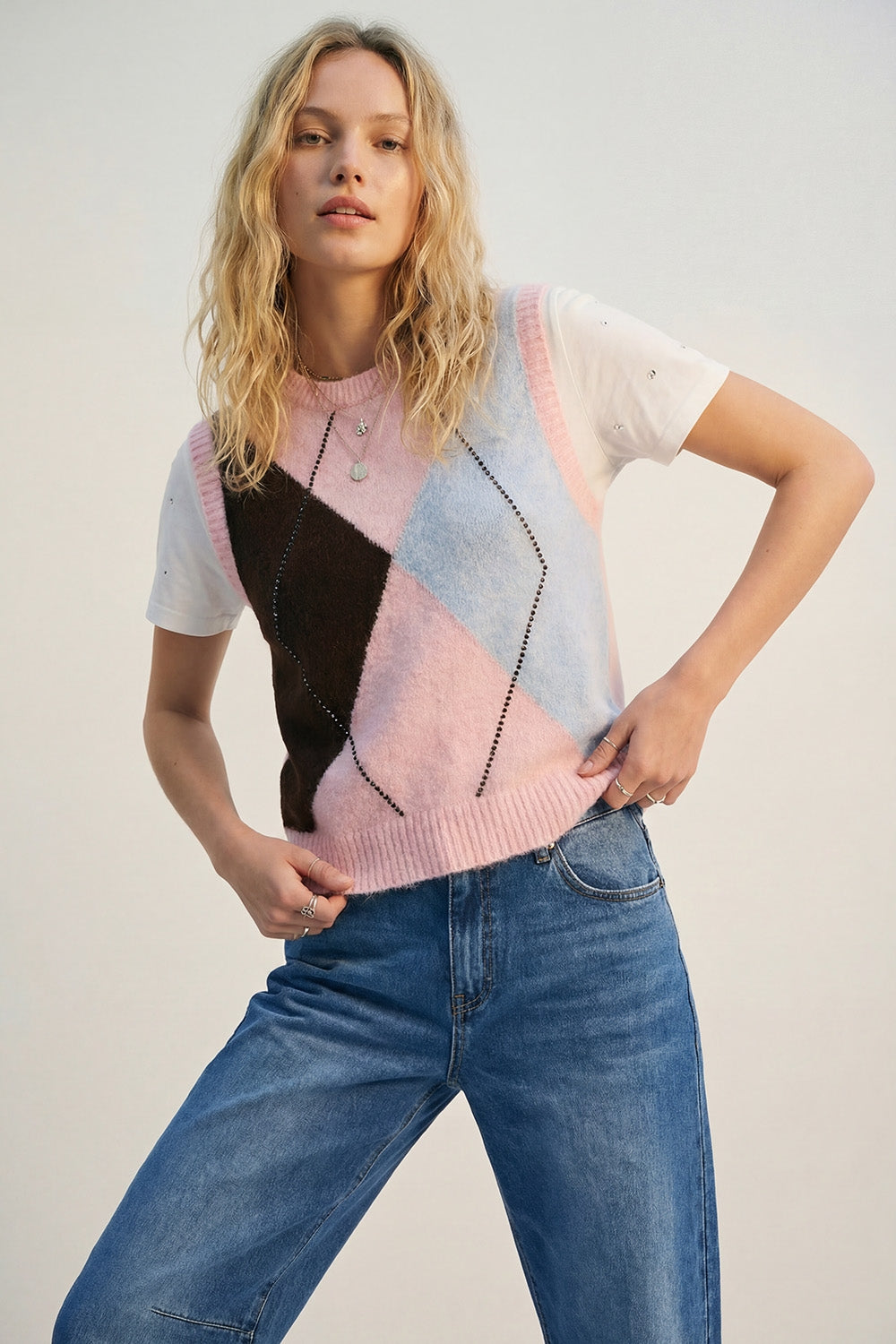 Fluffy Argyle Knit Vest with Metallic Stud Detail in pink