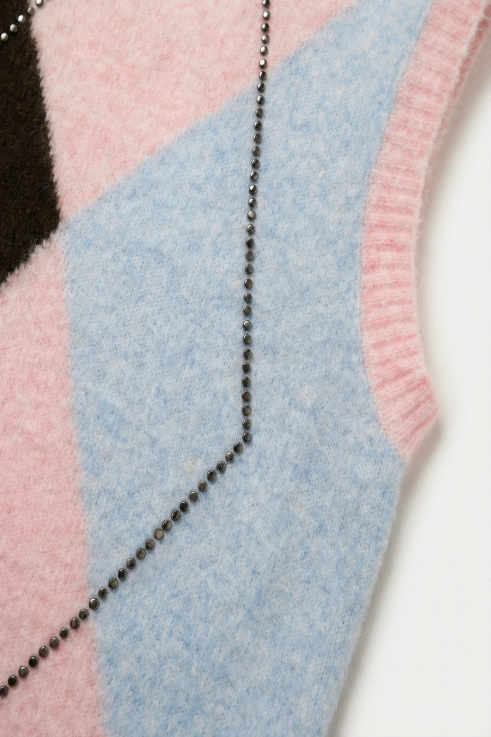 Fluffy Argyle Knit Vest with Metallic Stud Detail in pink