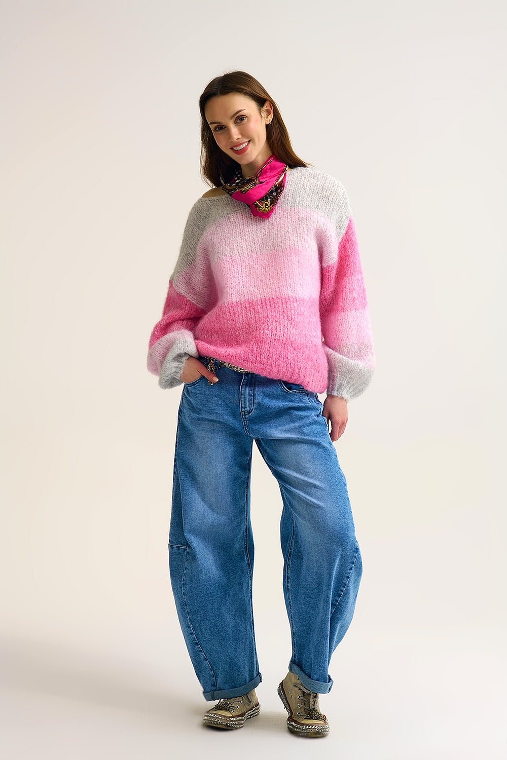 Fluffy Gradient Knit Sweater with Soft pink Color Transitions