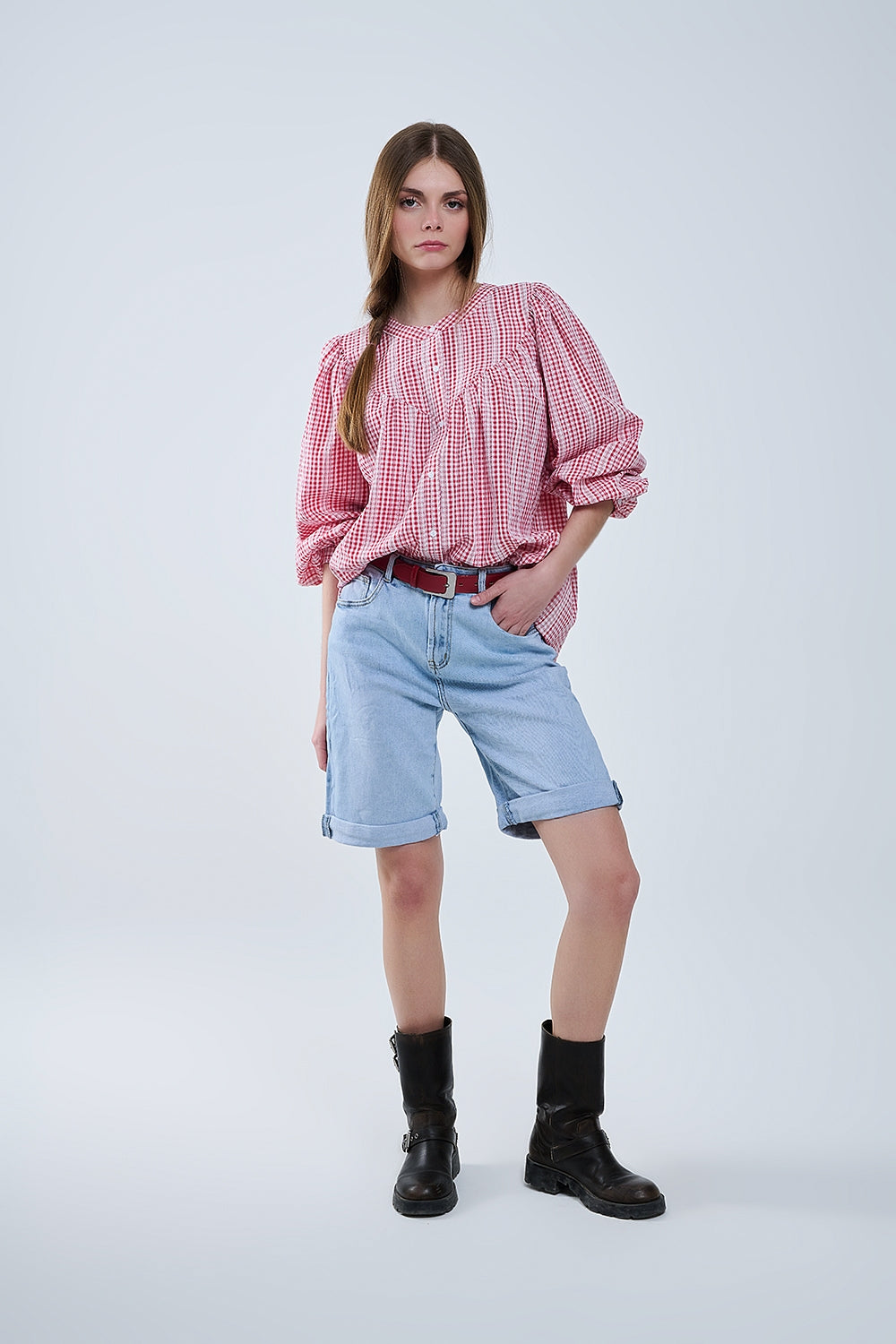 Gingham Red and White Collarless Blouse With Wide Sleeves