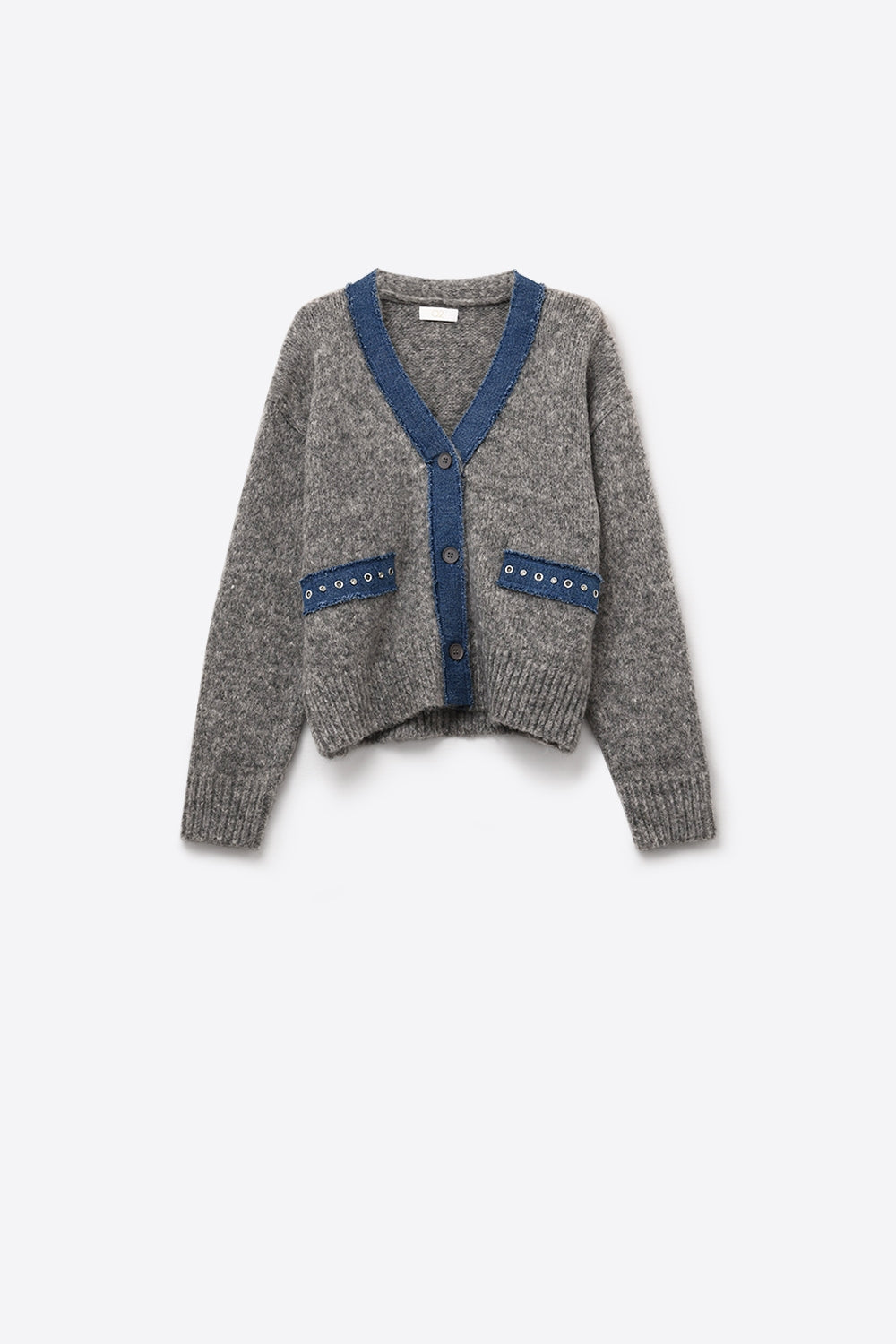 Q2 gray cardigan with denim fabric details