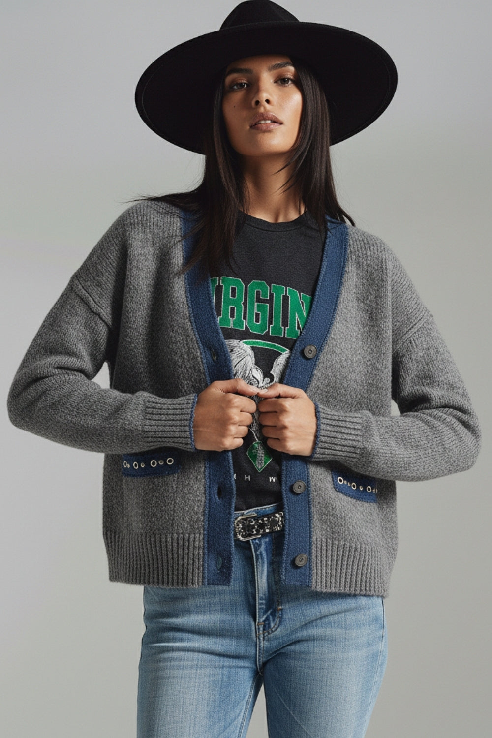 gray cardigan with denim fabric details