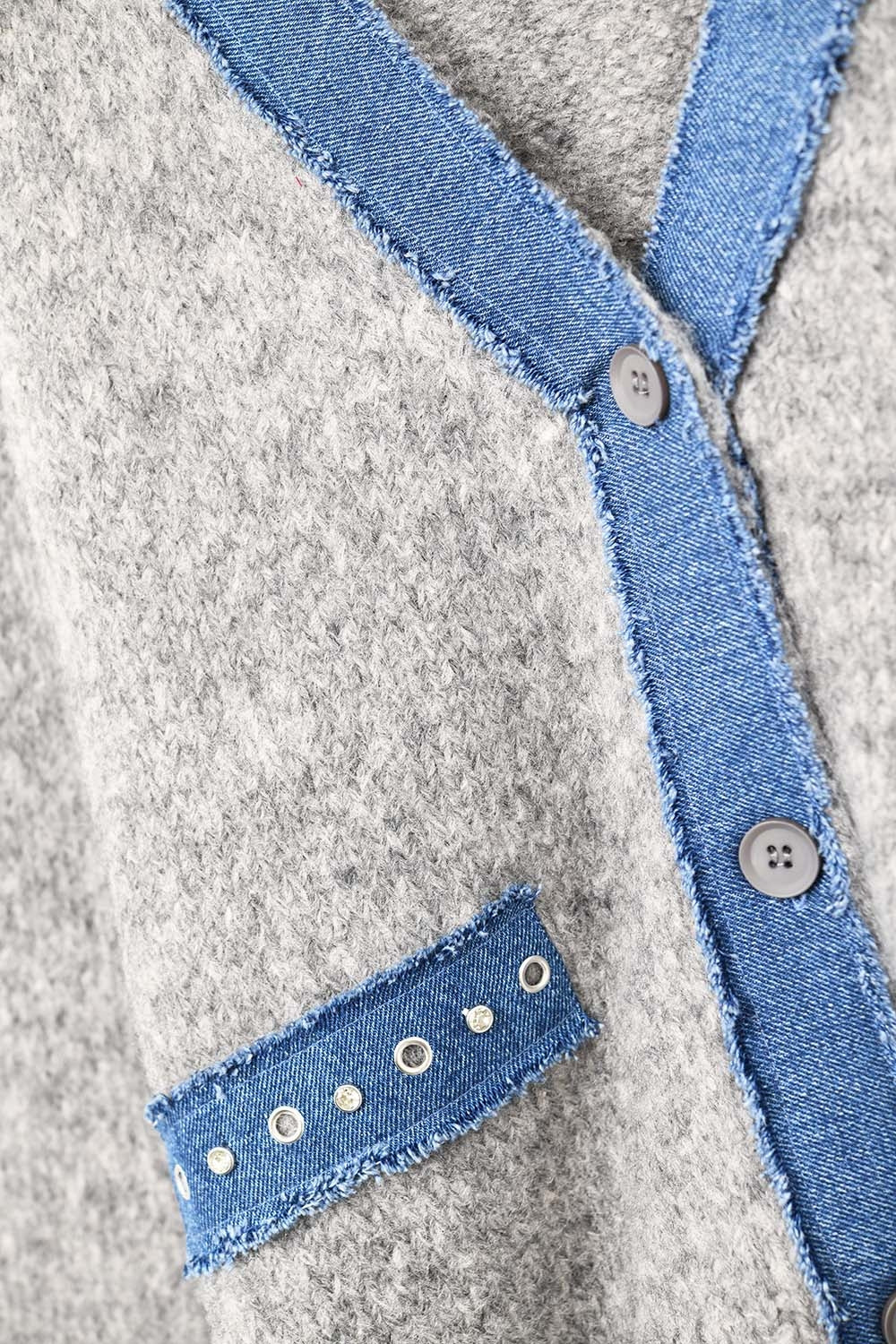 gray cardigan with denim fabric details