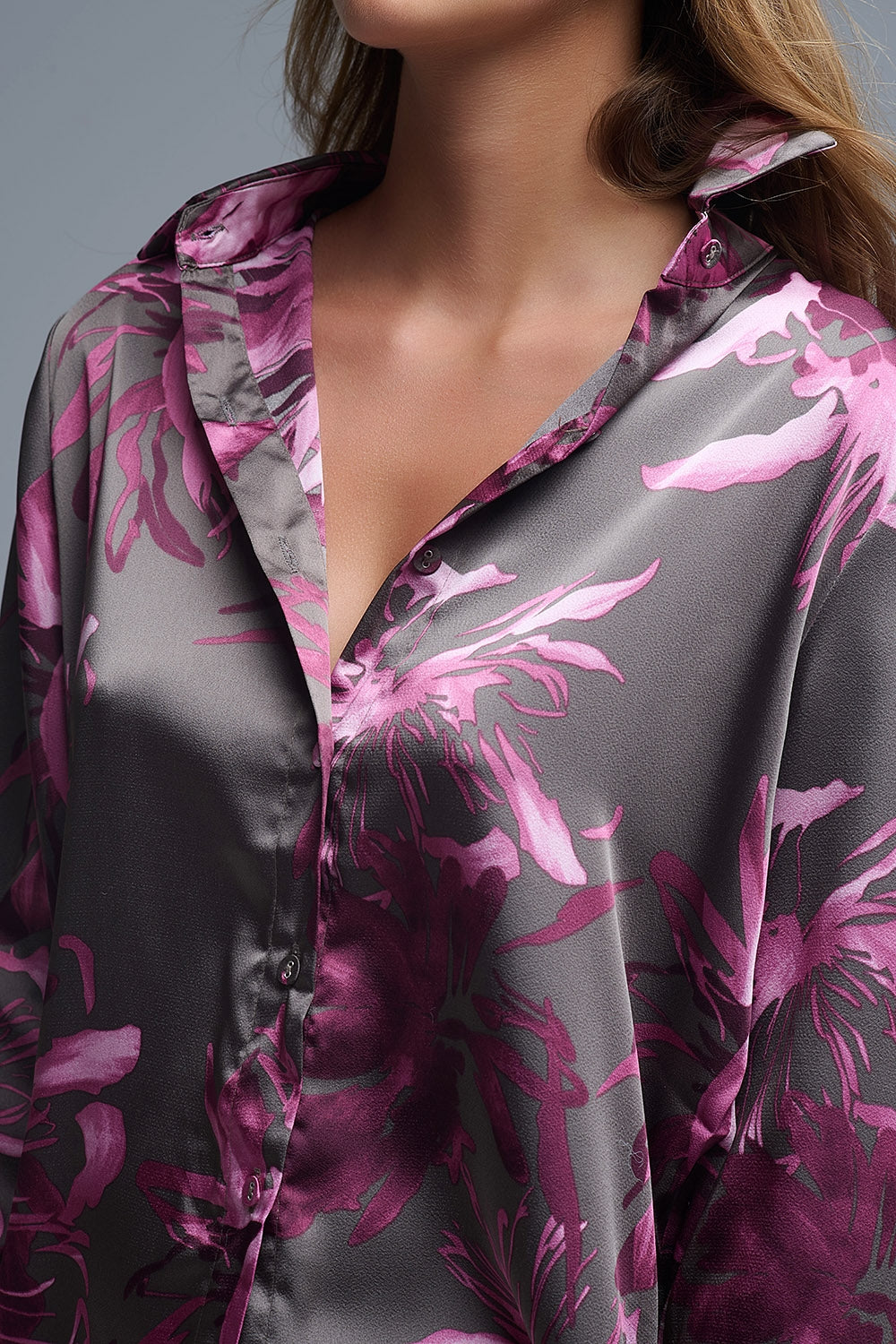 Gray Floral Print Satin Shirt with Buttons