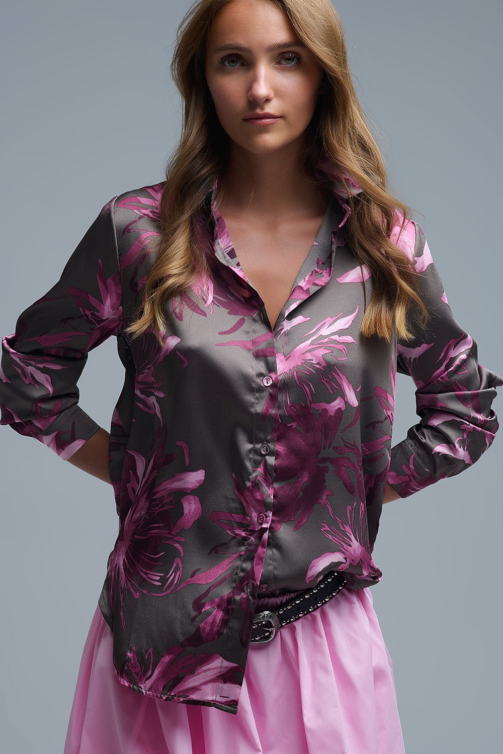 Gray Floral Print Satin Shirt with Buttons