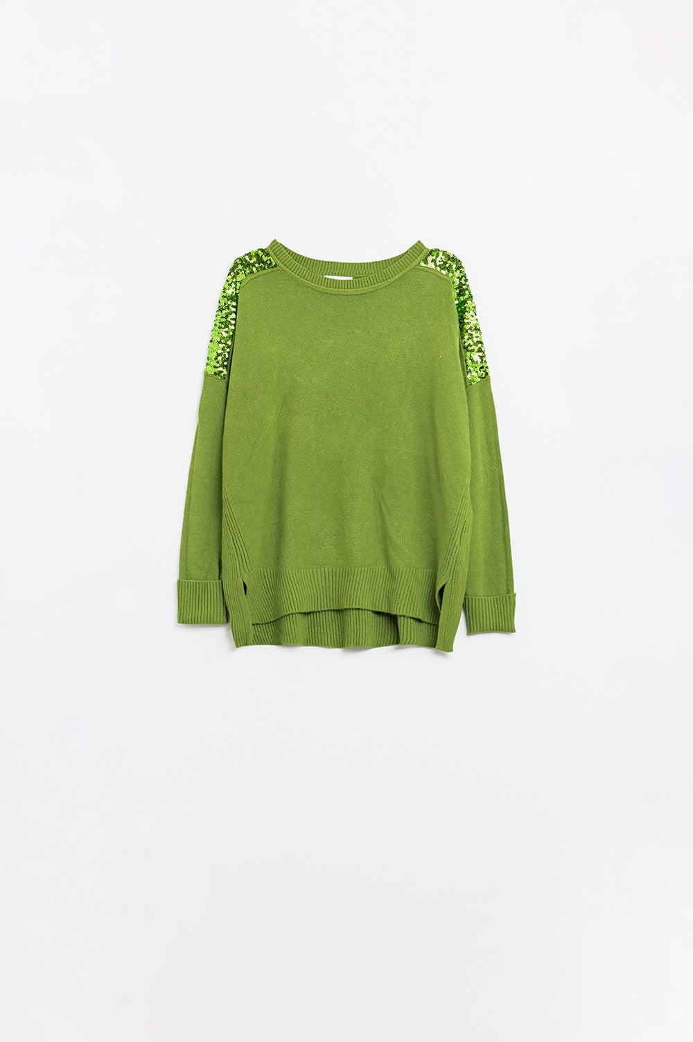 Q2 Green Long Sleeves Sweater With Sequins on The Shoulders
