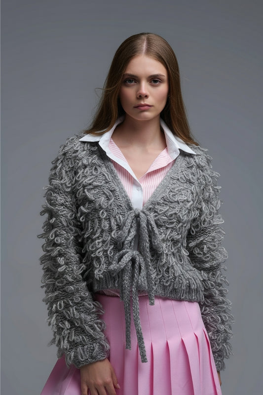 Grey Cropped chunky Knit cardigan with V-Neck and Front Tie closure