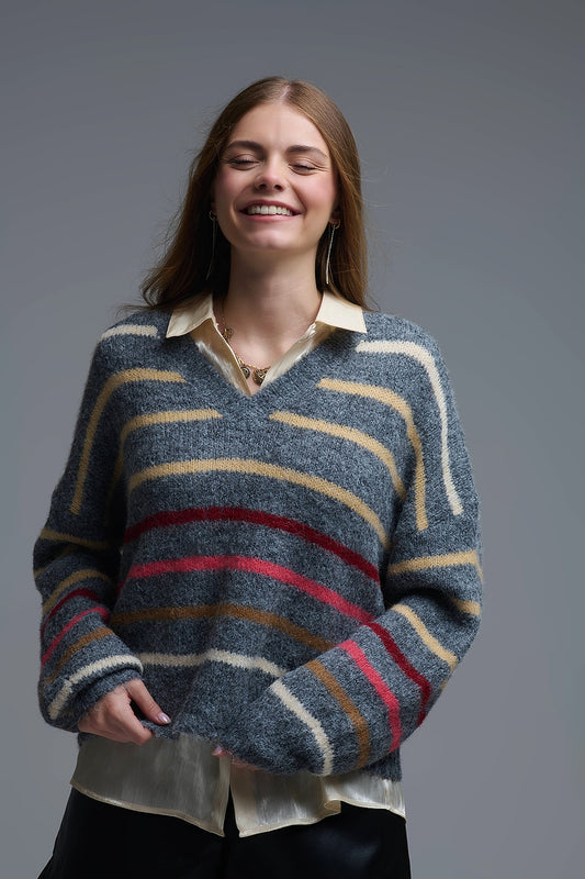 Q2 Grey Oversized Multicolor Stripe Sweater