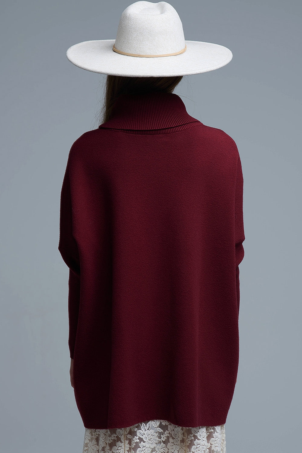 High Neck Tunic Sweater in Burgundy with fitted sleeves