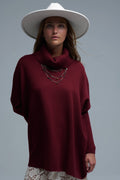 Q2 High Neck Tunic Sweater in Burgundy with fitted sleeves