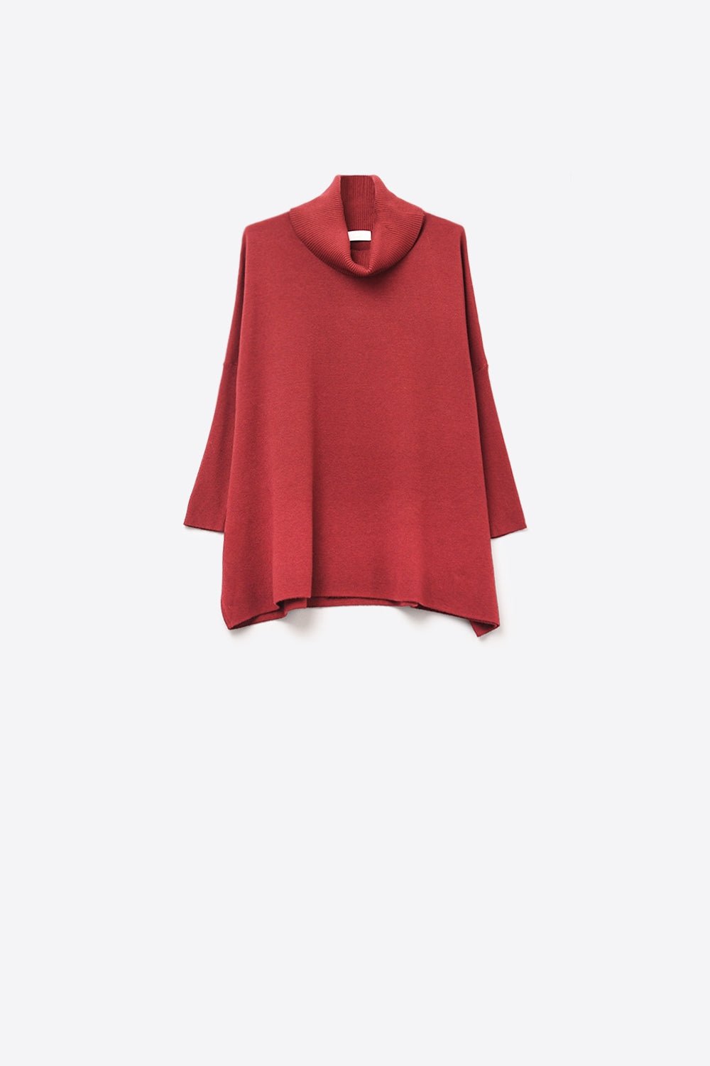 High Neck Tunic Sweater in Burgundy with fitted sleeves