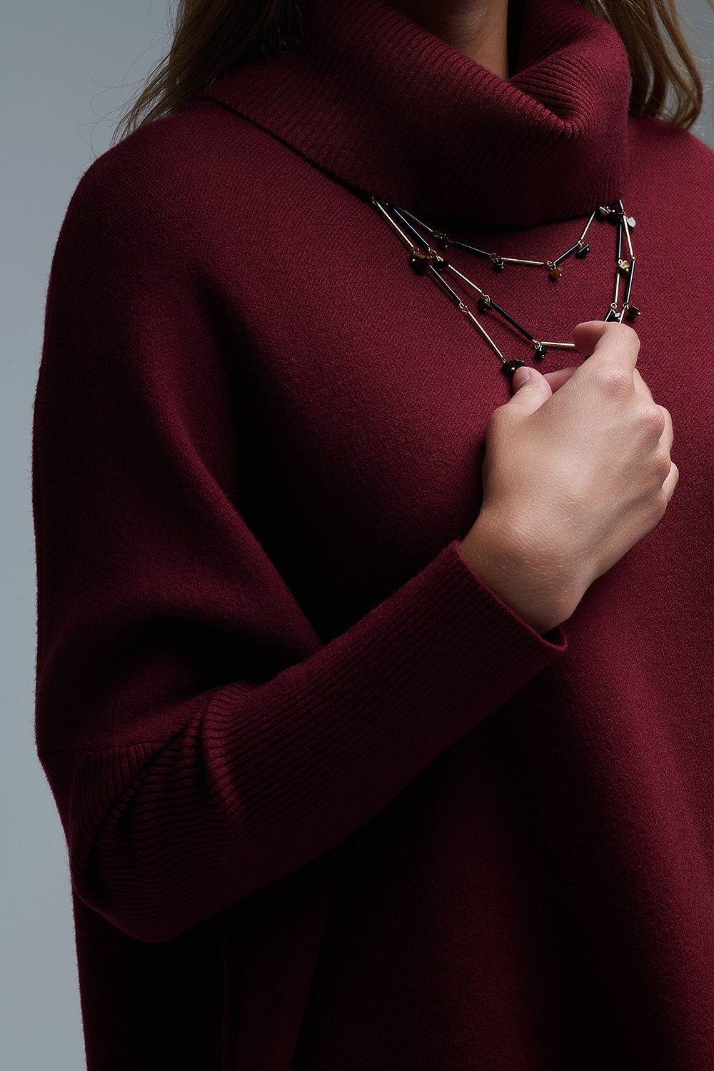 High Neck Tunic Sweater in Burgundy with fitted sleeves