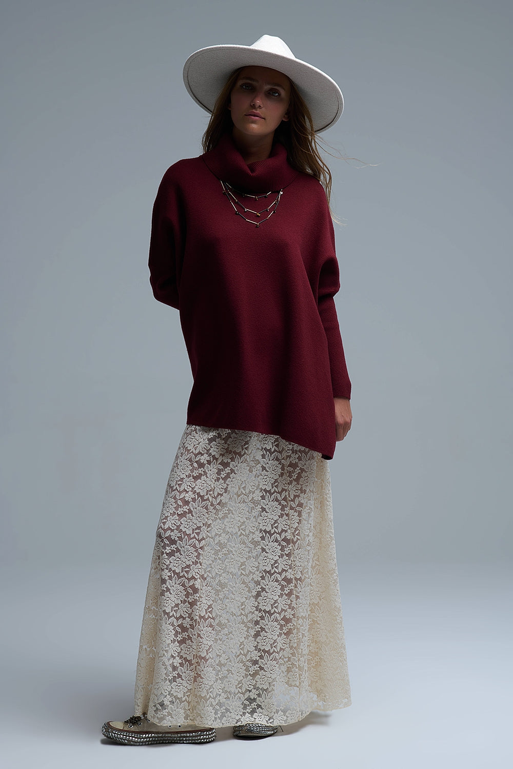 High Neck Tunic Sweater in Burgundy with fitted sleeves