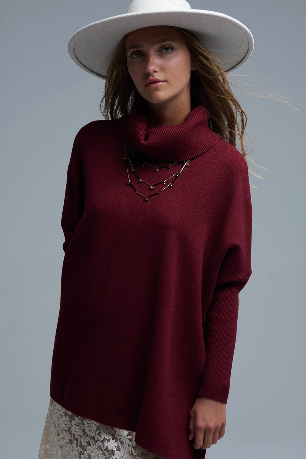 High Neck Tunic Sweater in Burgundy with fitted sleeves