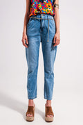 Q2 High rise straight leg belt detail jeans in light wash