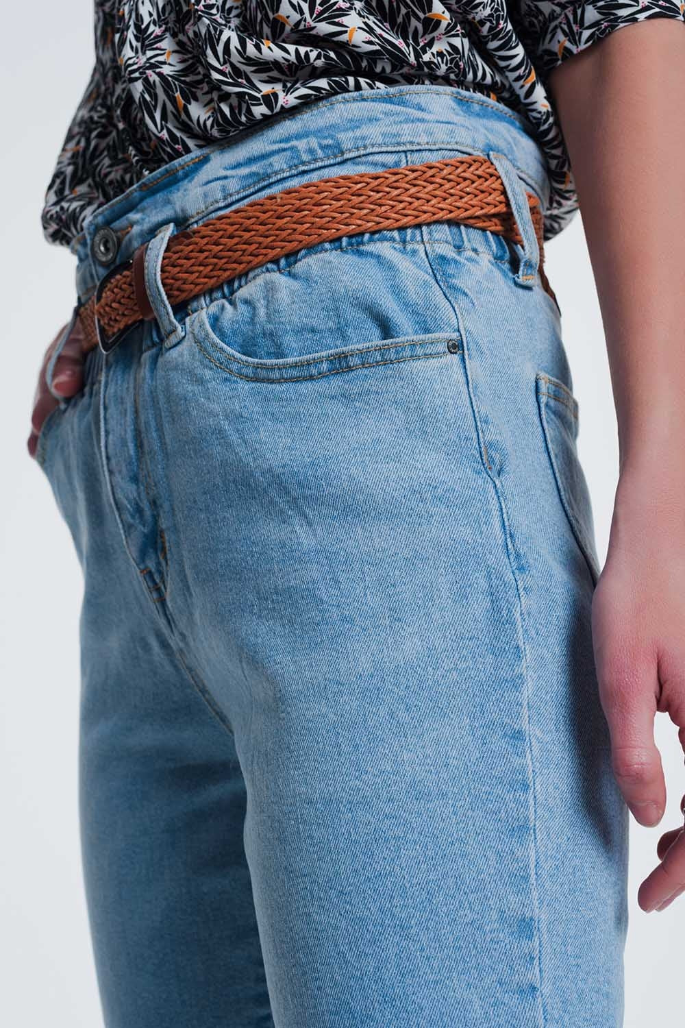 High Waist Mom Jeans with Belt in Light Denim