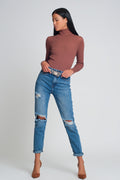 UNIKCOSA High waist mom jeans with ripped knees in dark wash blue