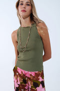 Khaki Boat Neck Comfy Ribbed Top