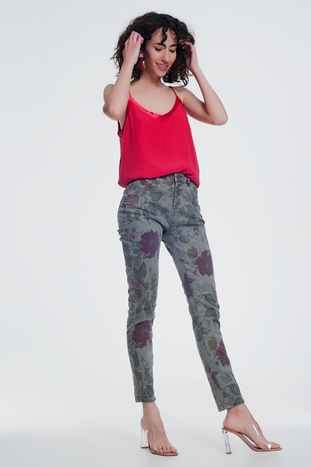 Khaki Boyfriend Jeans with Floral Print