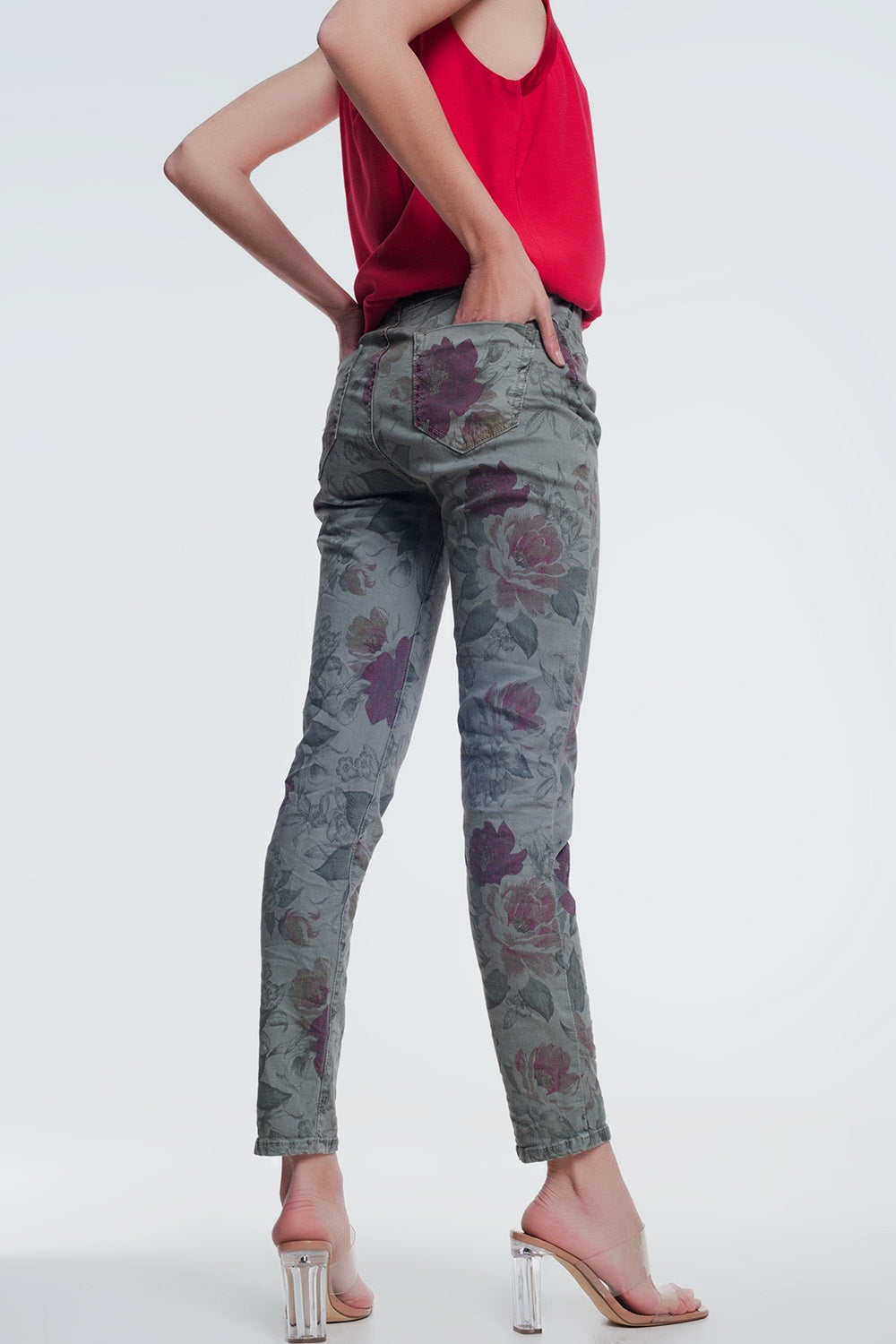 Khaki Boyfriend Jeans with Floral Print