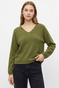 khaki Fine Knit V-Neck Sweater with Subtle Linear Texture