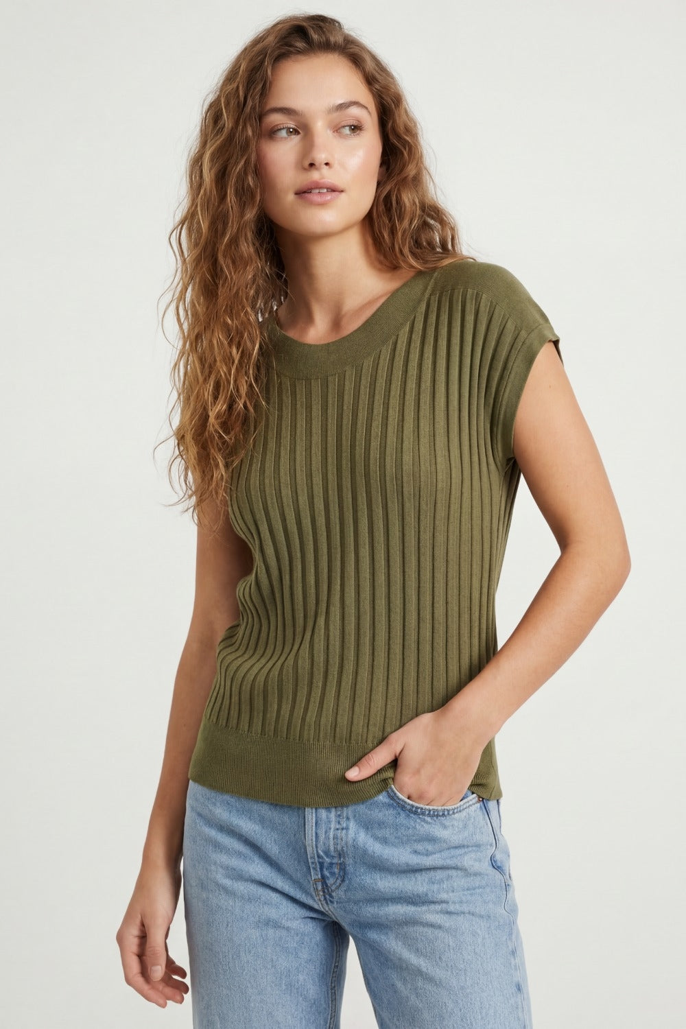 Khaki fine Rib knitted Sweater with boat neck