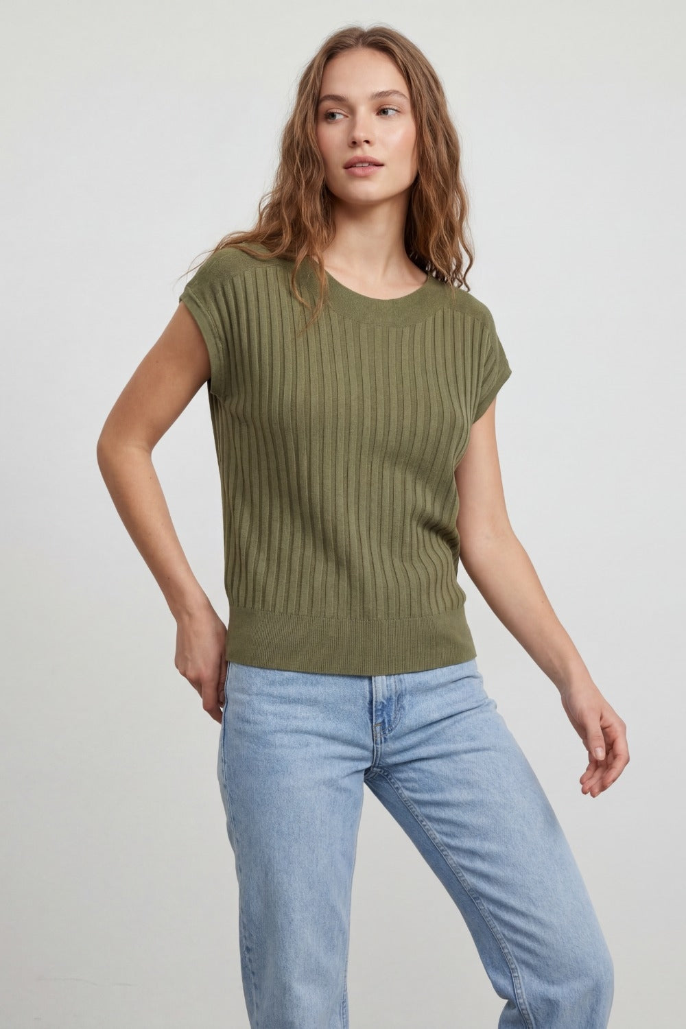 Khaki fine Rib knitted Sweater with boat neck